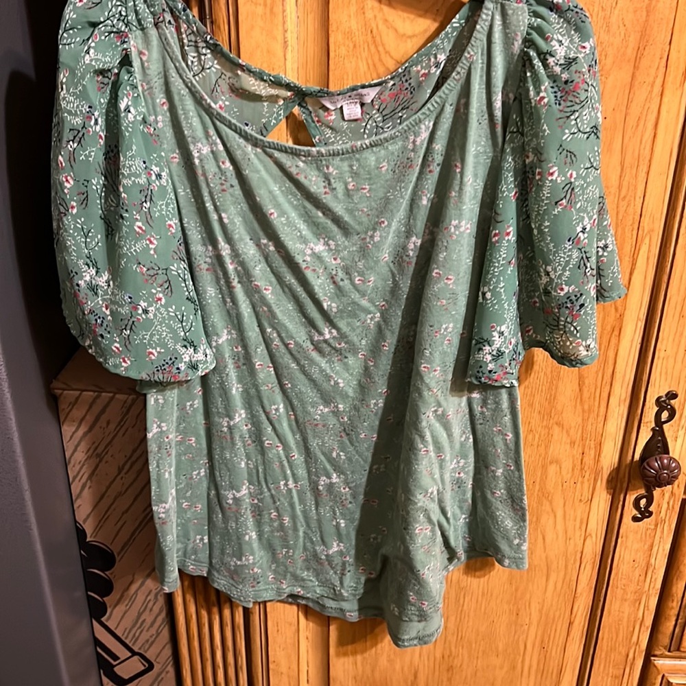 Lucky Brand dark green floral blouse.